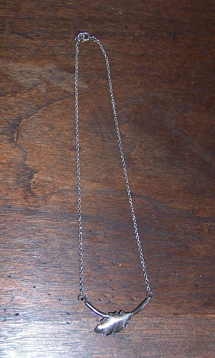 Dainty Silver Color Necklace w/ Bar & Leaf – 14-3/4″ chain – No mark #N320