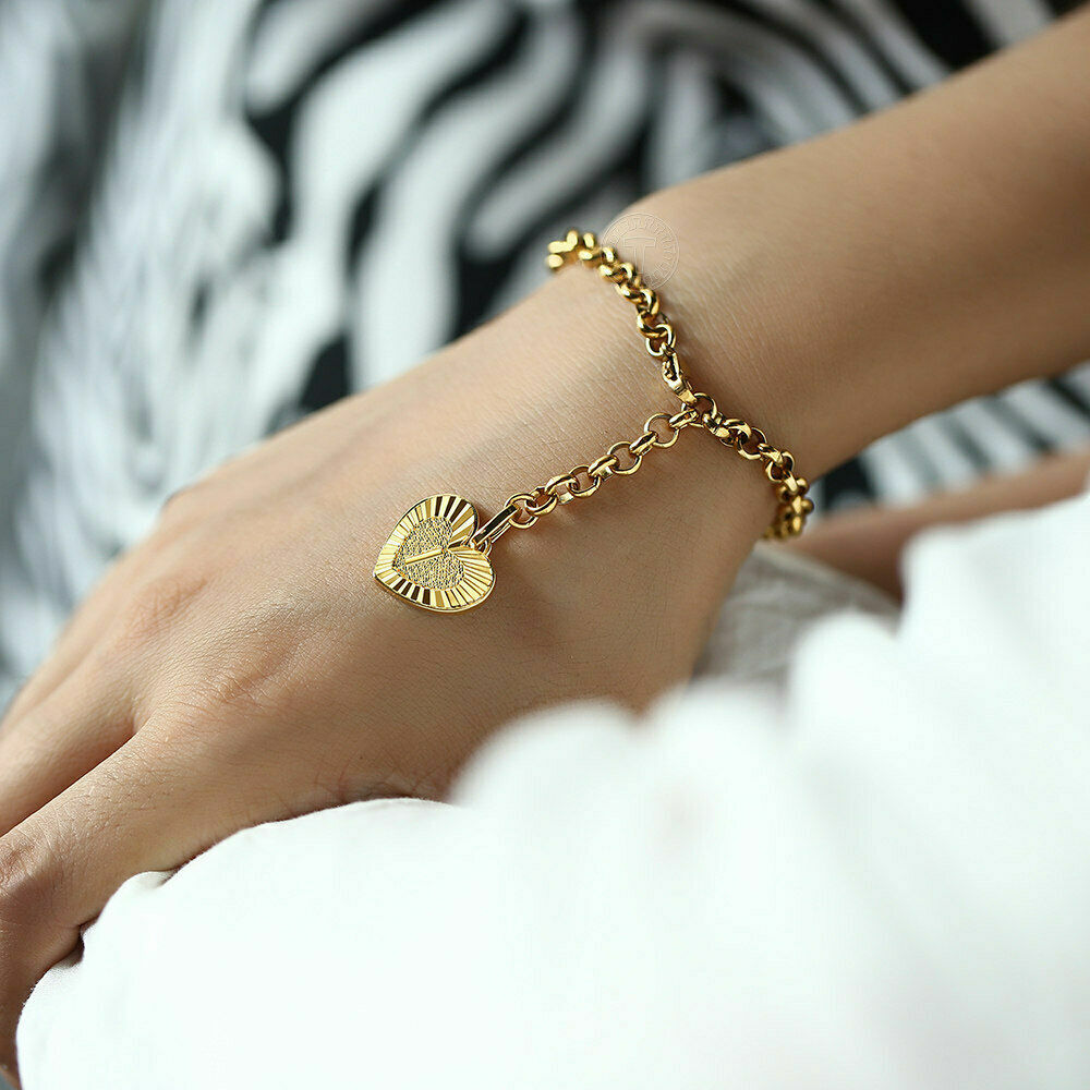 Women Gold Plated Stainless Steel Bracelet Heart Charm 8 inch 5mm Cable Chain