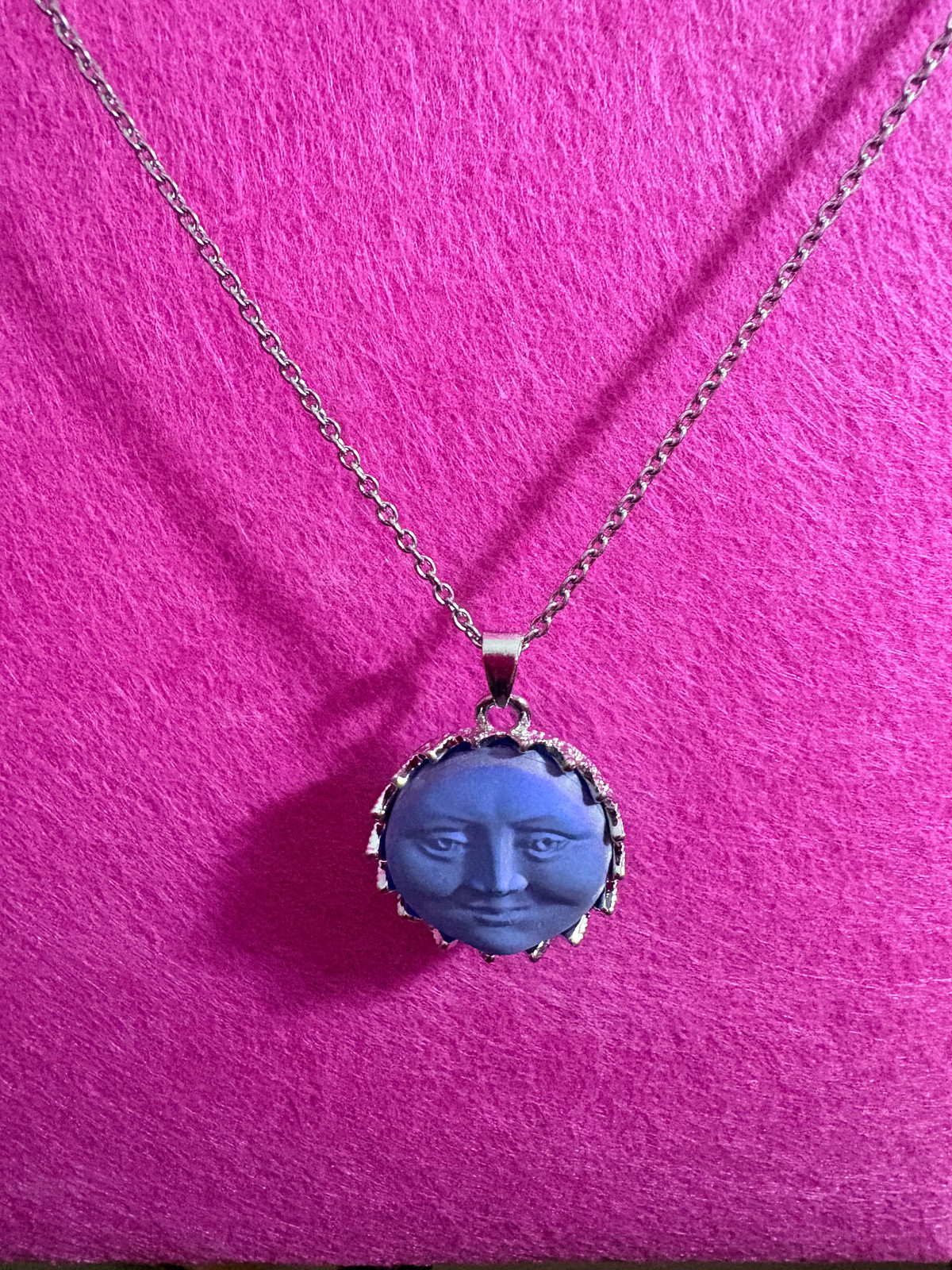 Iridescent Blue Moon Face Pendant Necklace
