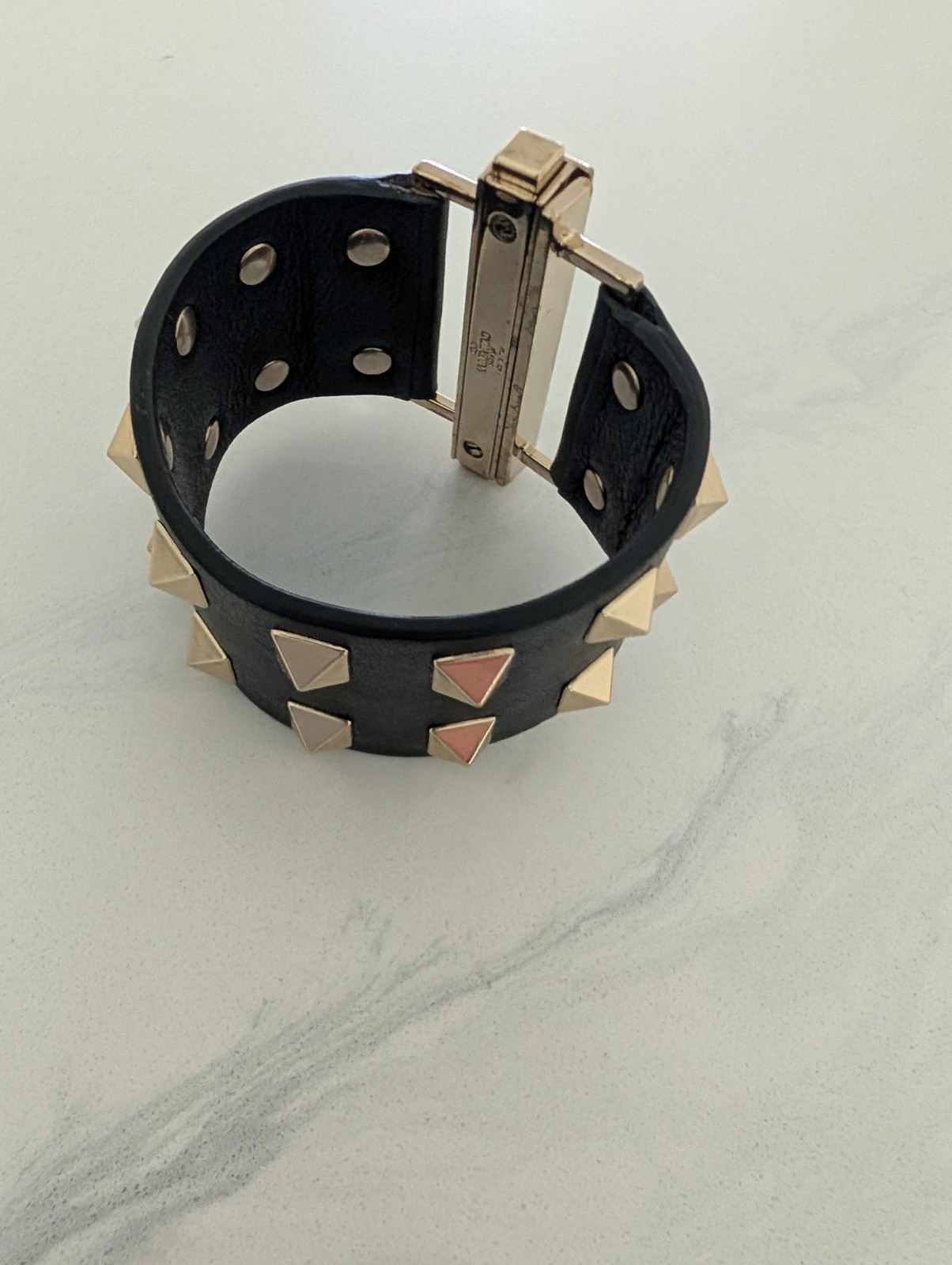 VALENTINO Black Leather Rockstud Wide Cuff Bracelet s Small