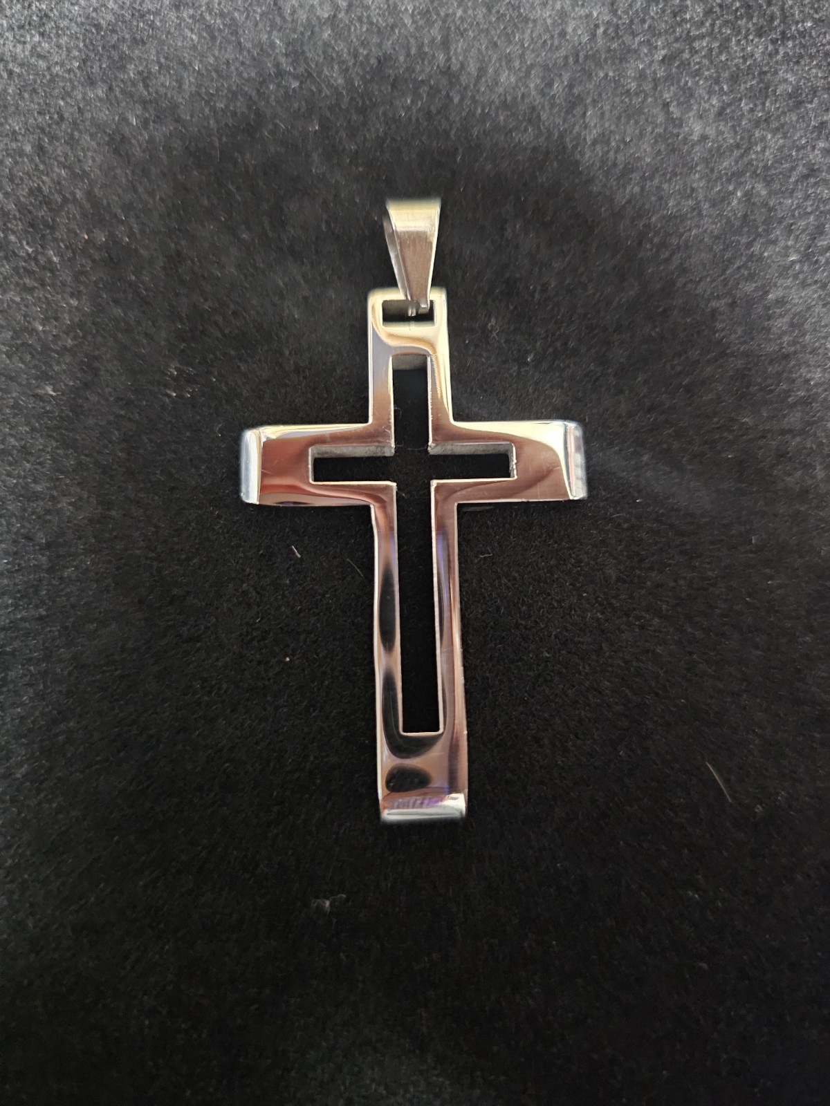 Silver Tone Religious Cross Charm Pendant Metal No Stone Black Inlay
