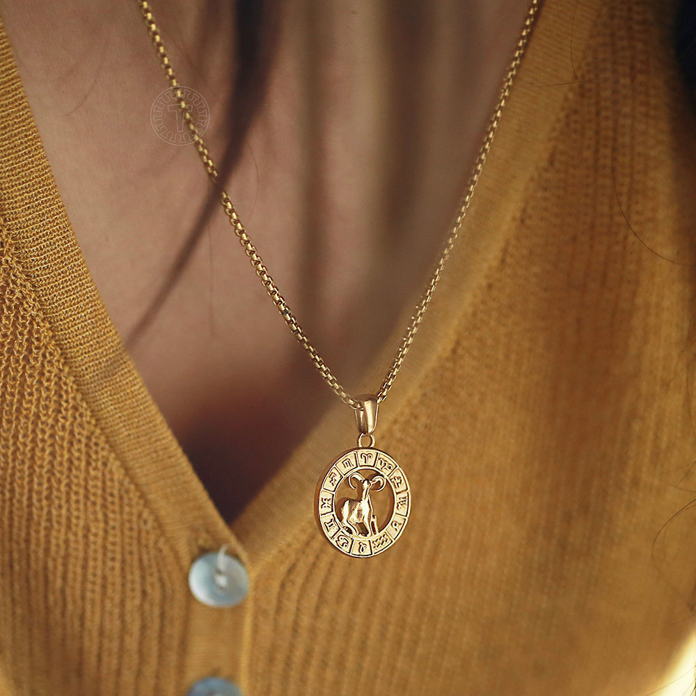 Yellow Gold Plated Stainless Steel 12 Zodiac Sign Pendant Necklace 18-22″ Chain