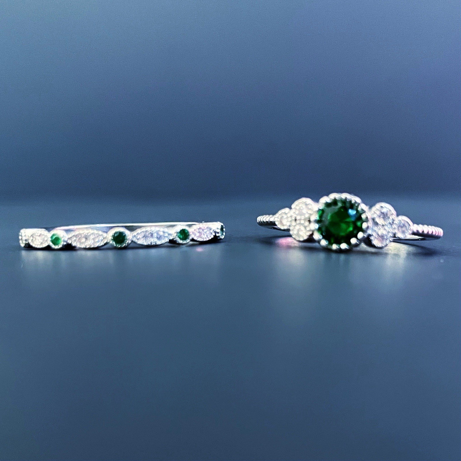 Sterling Silver 925 Ring Set Green Emerald Cubic Zirconia Size 9 Womens