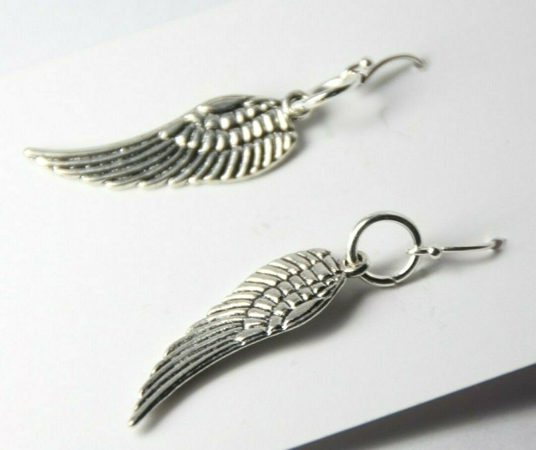 Feather Charm Earrings 925 sterling silver Hooks Angel Wings Pewter Charms