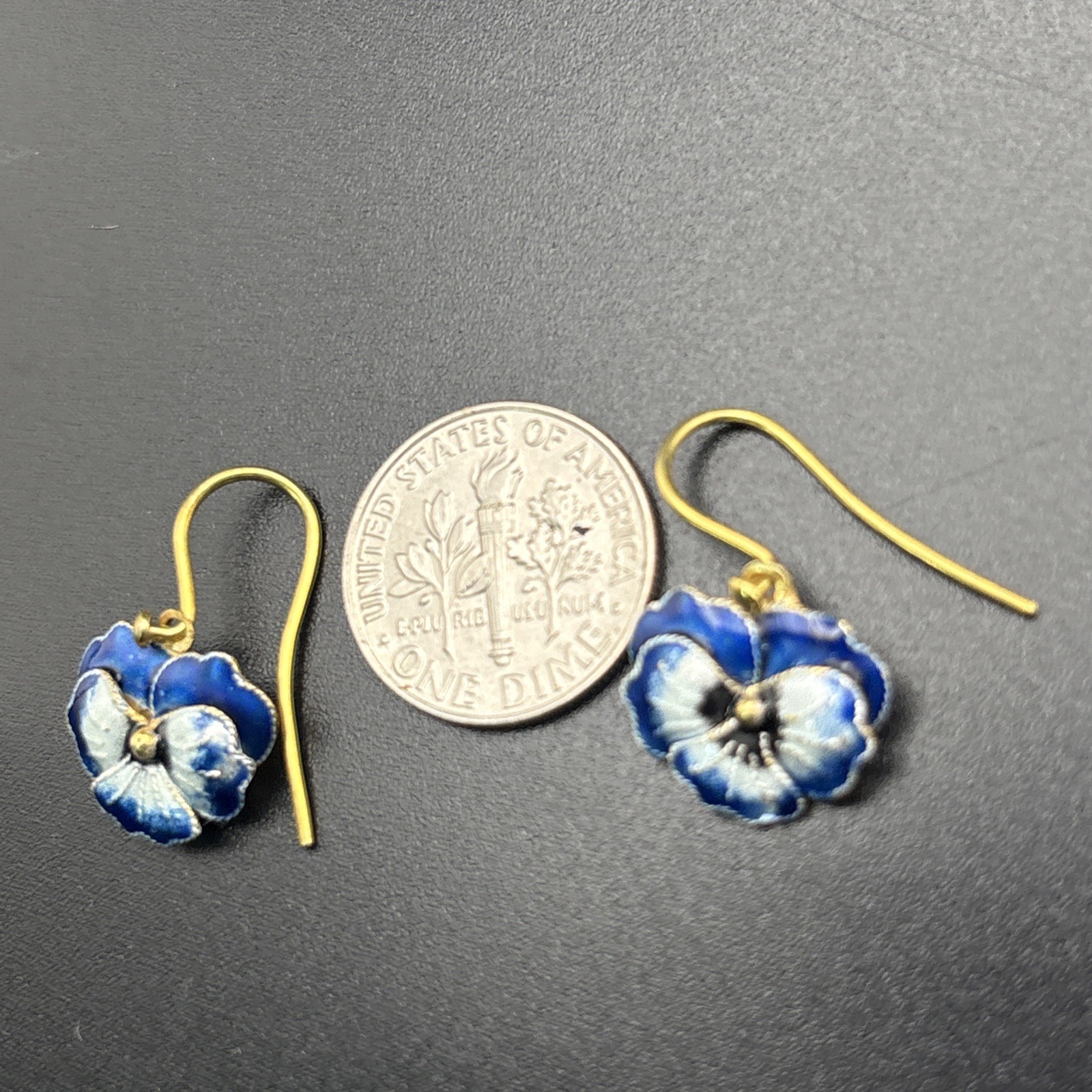 Shashi Earrings Sterling Silver Blue Enamel Gold Wash Pansy Dangle Dainty .75”￼