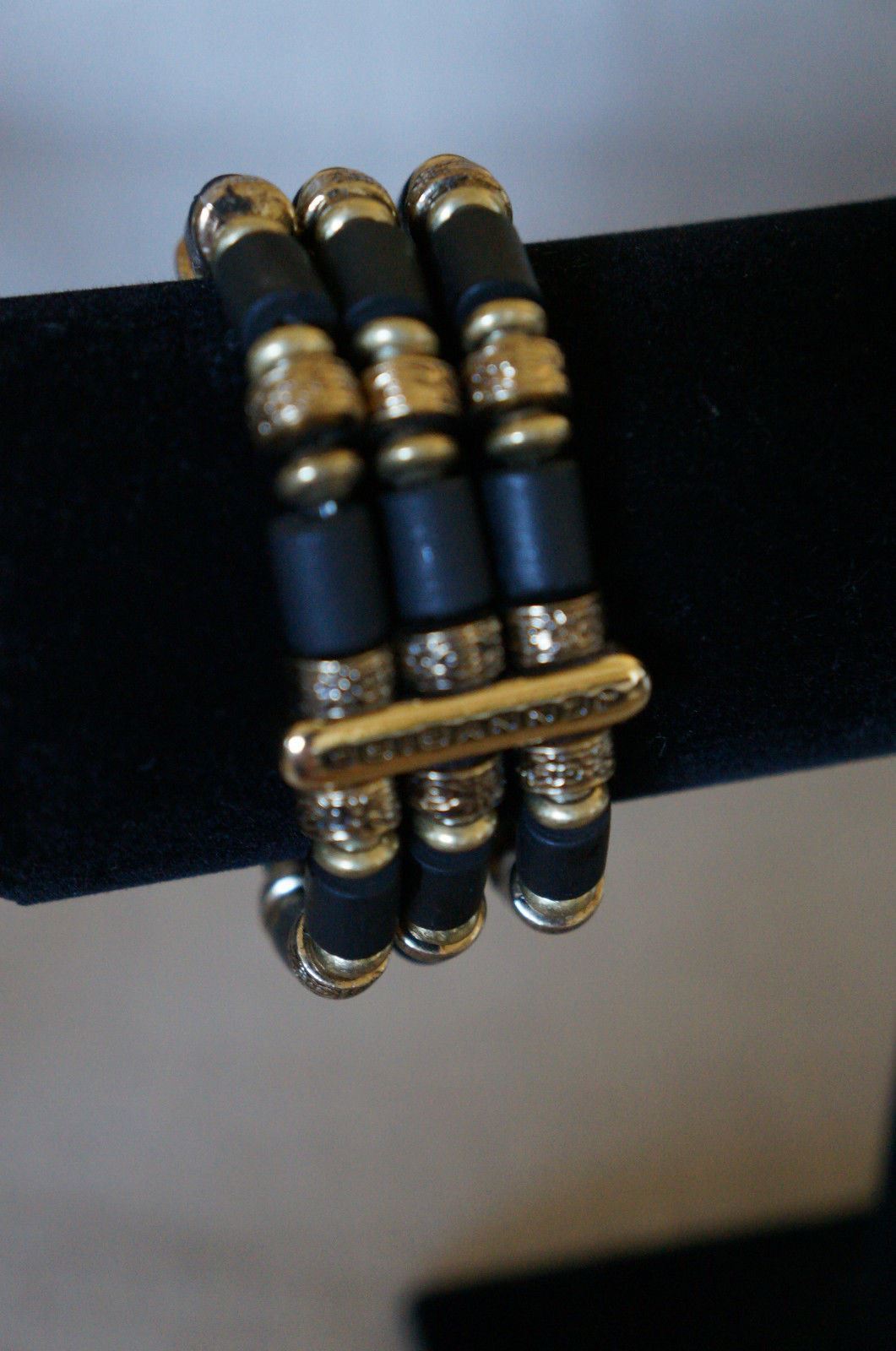 NEW Jenny Bird Tibetove Cuff Bracelet Gold & Hand Carved Wooden Beads Black