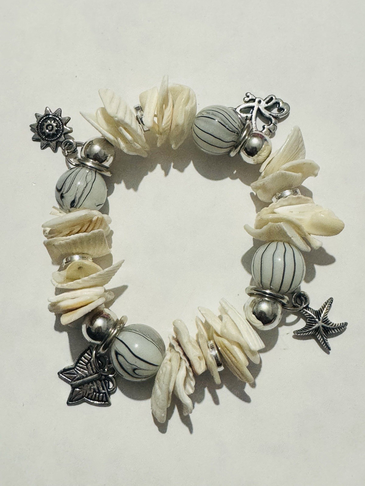 cream shell bead silver tone charm stretch bracelet fun beach Boho bracelet