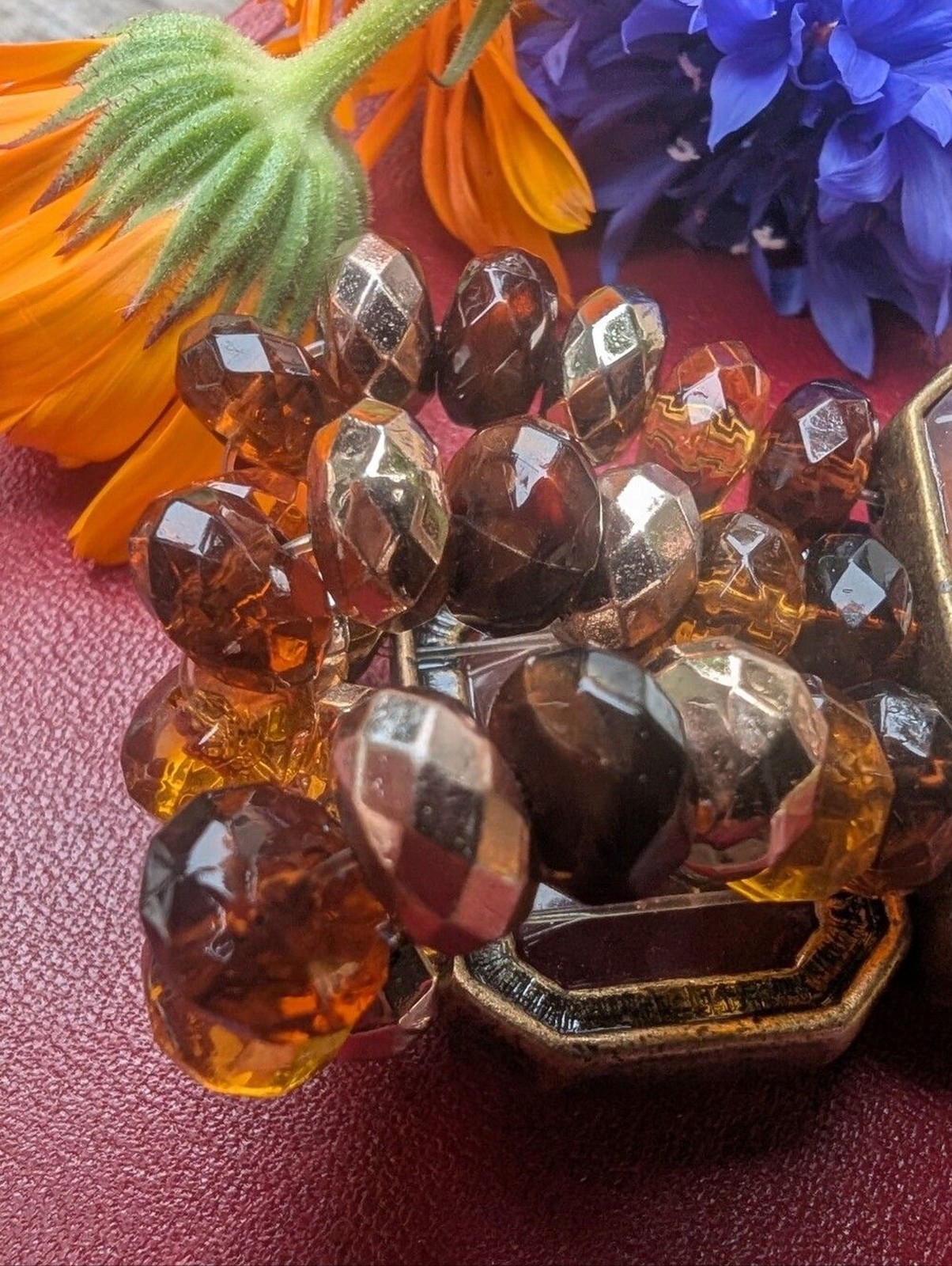 Cookie Lee Amber and Brown Faceted Bead Stretch Bracelet with Center Stone