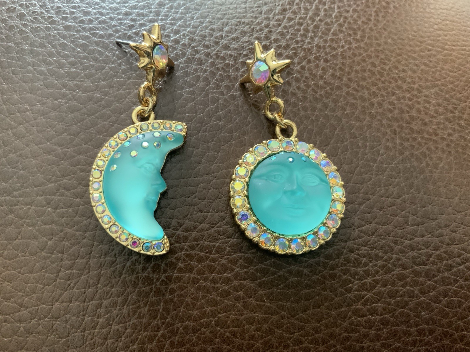Moon Sun Star Earrings Face Mismatch Gold Deco Celestial Glass CZ Asymmetric