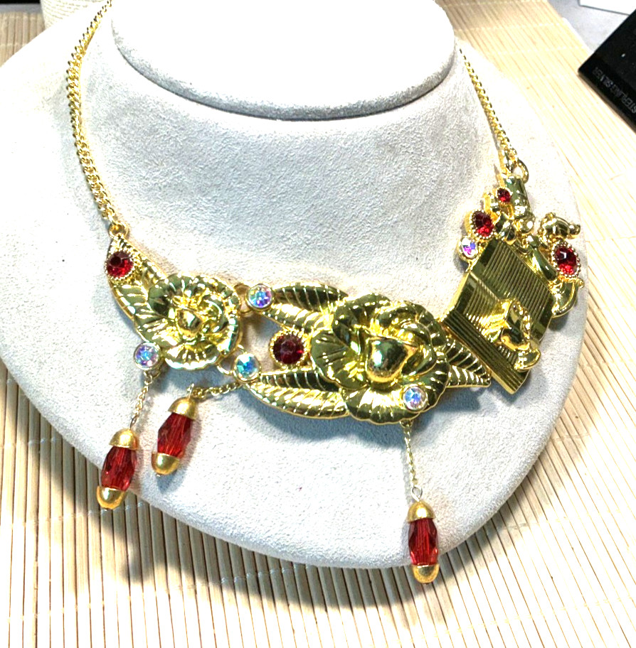 Fashion Necklace Gold Tone acrylic Ruby Drops Rhinestone Roses Choker Lot 103B