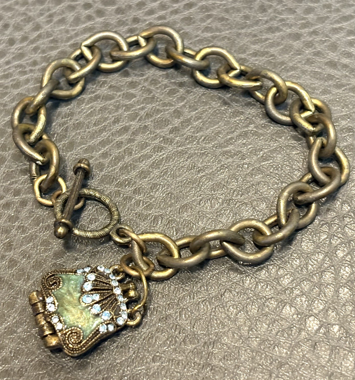 VTG Victorian Style Dark Metal Enamel Purse Rhinestone Locket Charm Bracelet