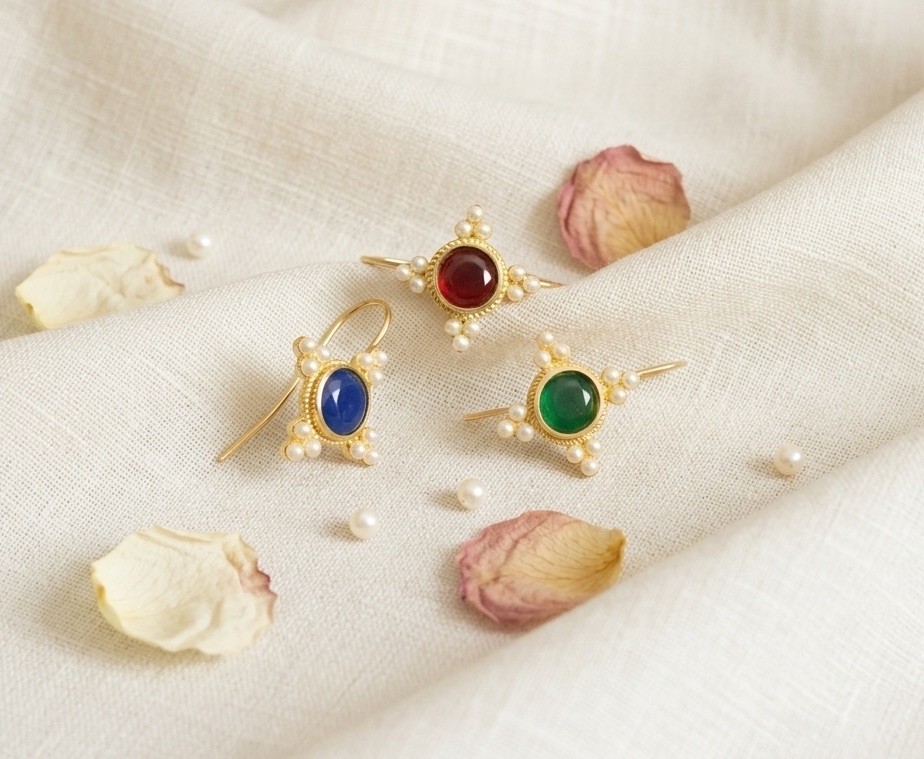 Museum Earrings Blue Pearl Red Green Mix Match Gold Flower Court VTG Floral VTG