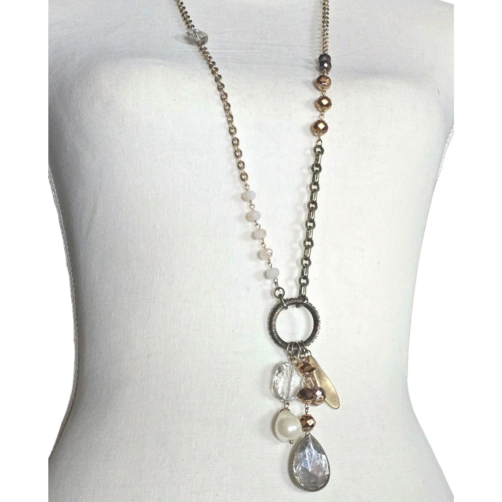 Necklace Chico’s Charm Necklace Crystals Glass Beads 36″ 38″ Antique Gold Tone