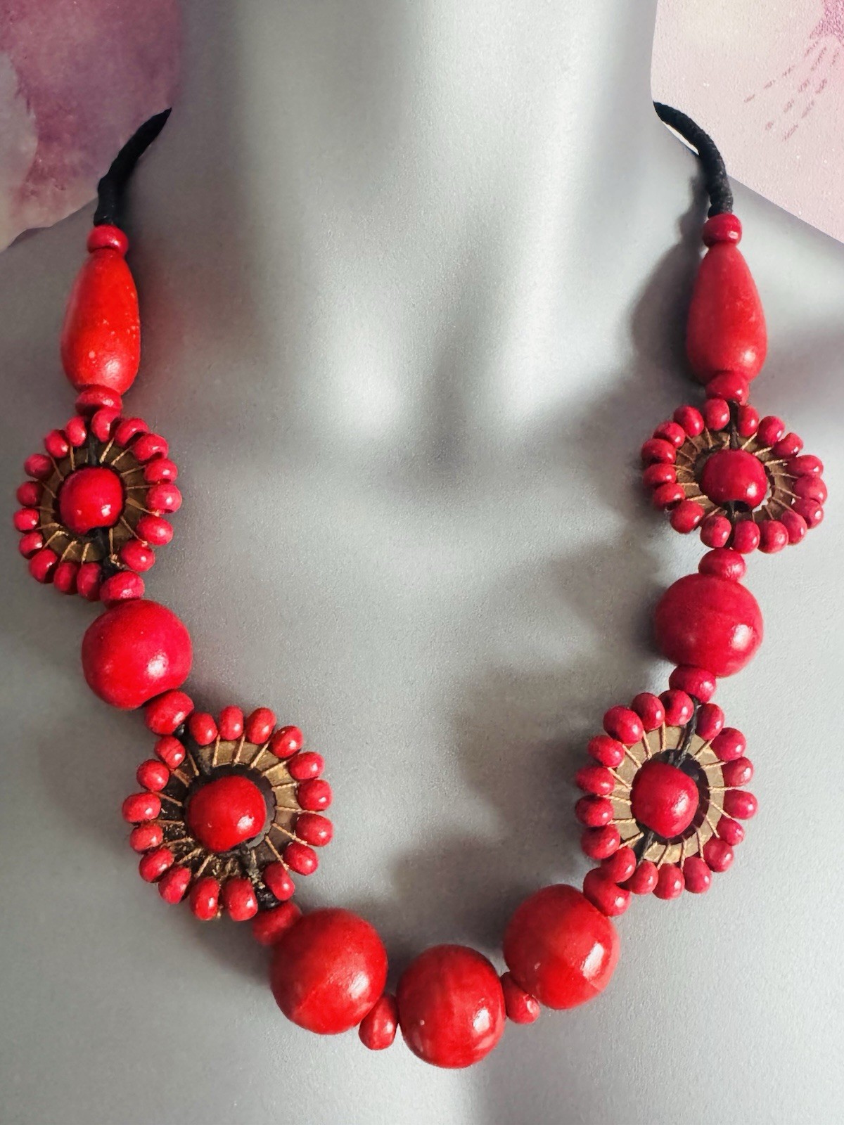Avalaya Ethnic Red Wood Bead Black Cord Necklace