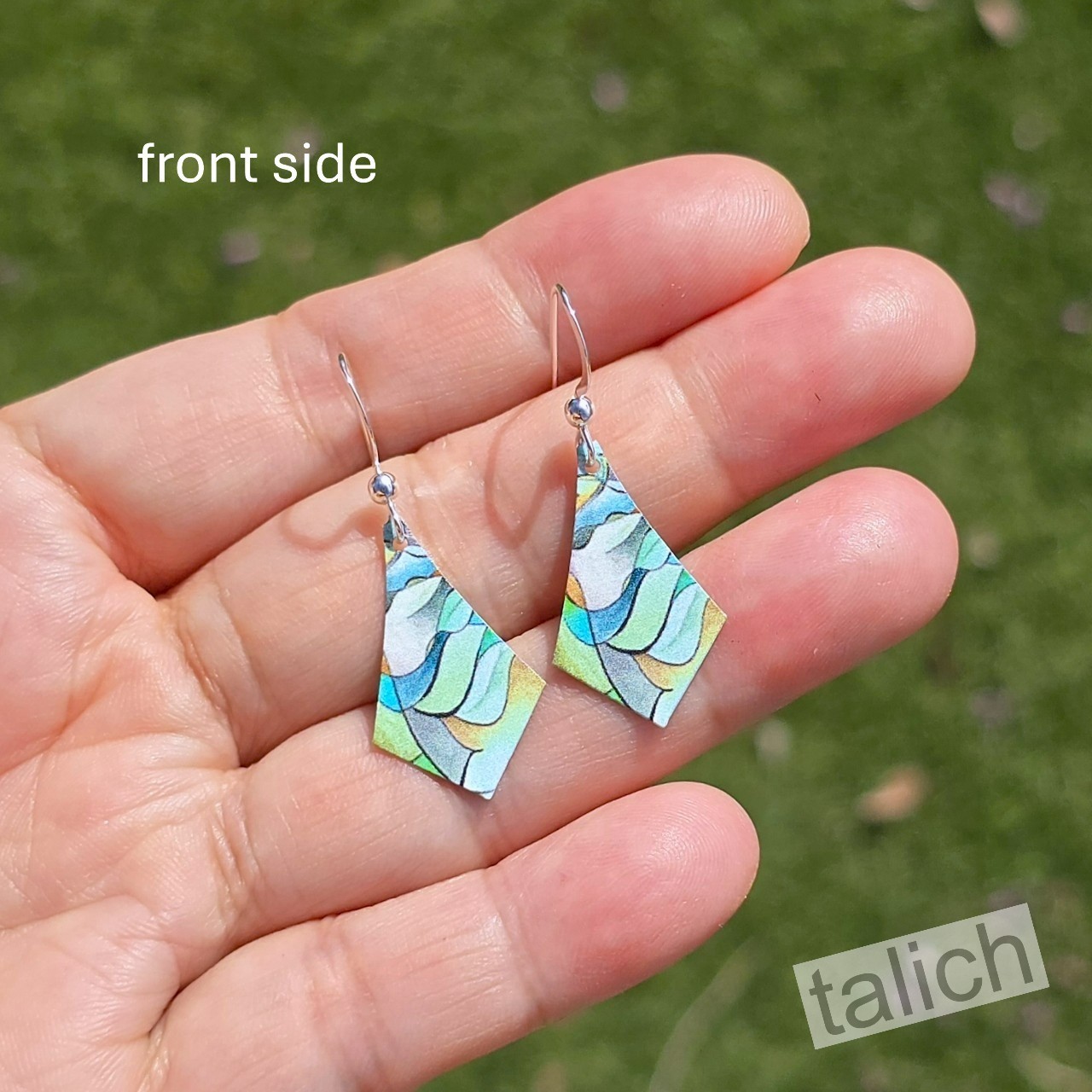 DC Designs Cool Greens Abstract Art Print Small Drop Earrings Handmade Unique