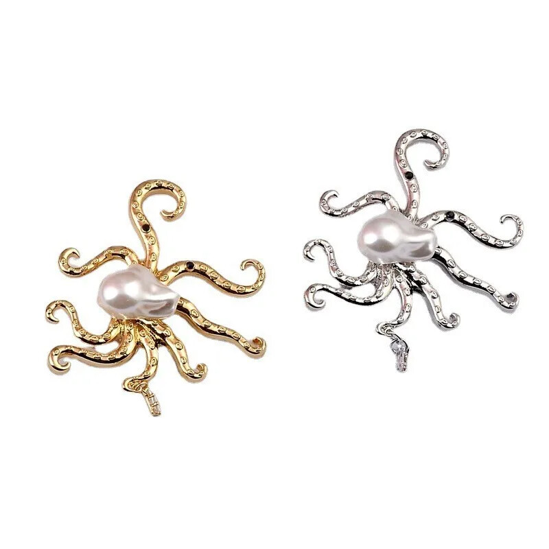 Women Pearl Metal Octopus Brooches Pins Simple Fashion Animal Badges Corsage