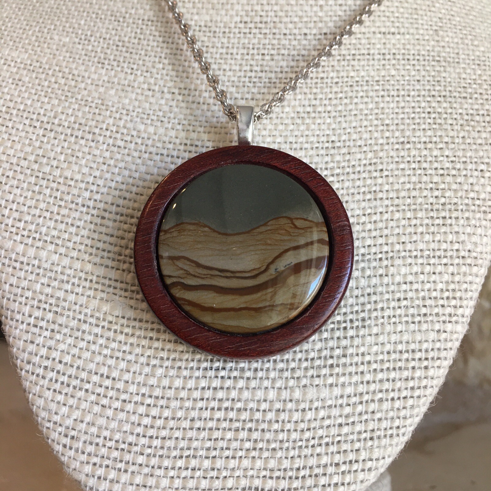 Wood Round Pendant w/ Silver Tone 19in. + 3in. extended Chain – Boho, Natural, 