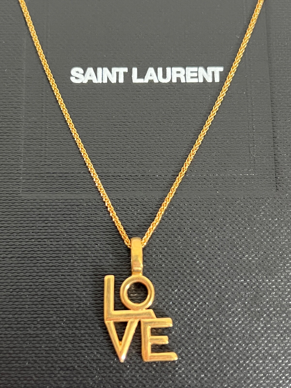 NIB Saint Laurent YSL LOVE Charm Antique Gold Brass Pendant Chain Necklace $650