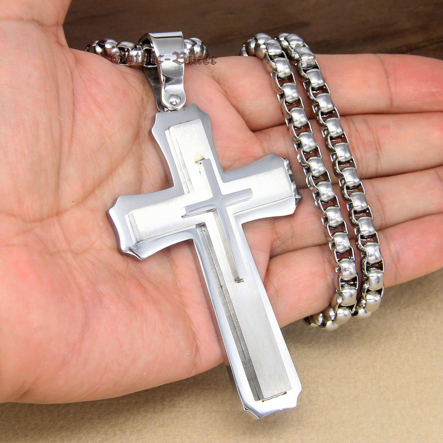 Men’s HUGE Large Heavy Solid 316L Stainless Steel Cross Pendant Necklace 3 Layer