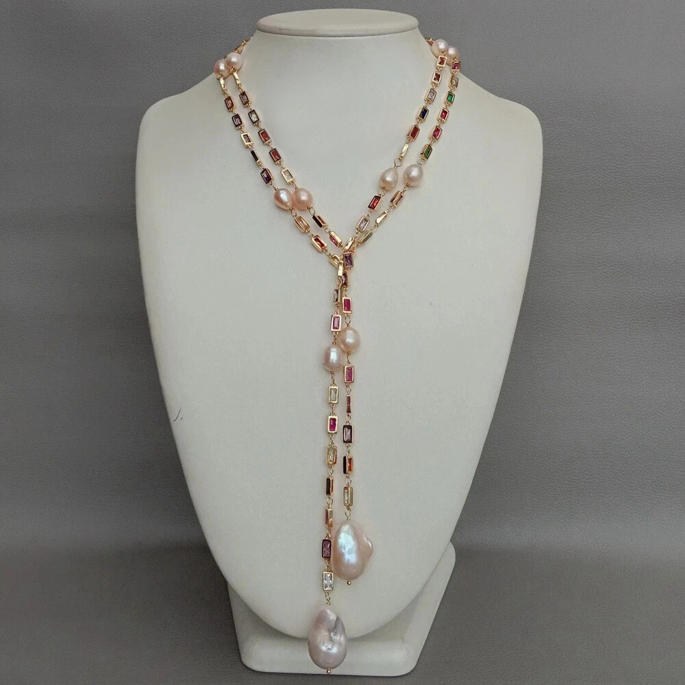 1Pcs Freshwater Baroque Pearl Mixed Color Rectangle Cz Pave Long Chain Necklace