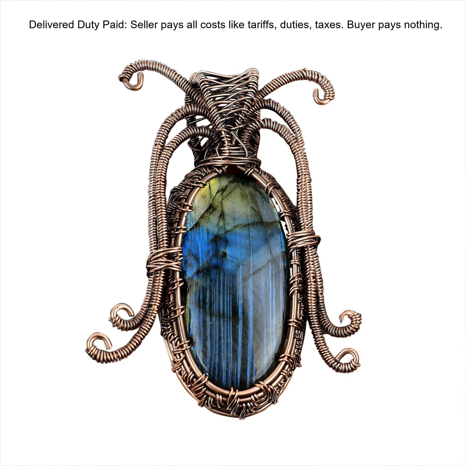 Copper Third Eye Chakra Labradorite Gemstone Unique Wire Wrapped Pendant Jewelry