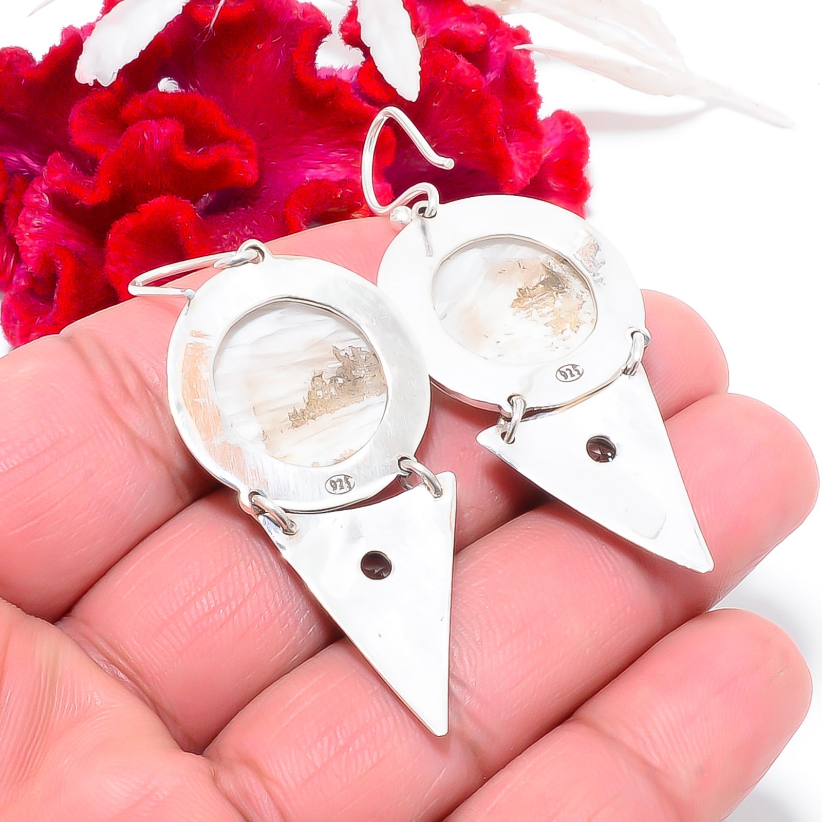 White Scolecite – India & White Topaz 925 Sterling Silver Earring 2.34″ E8386