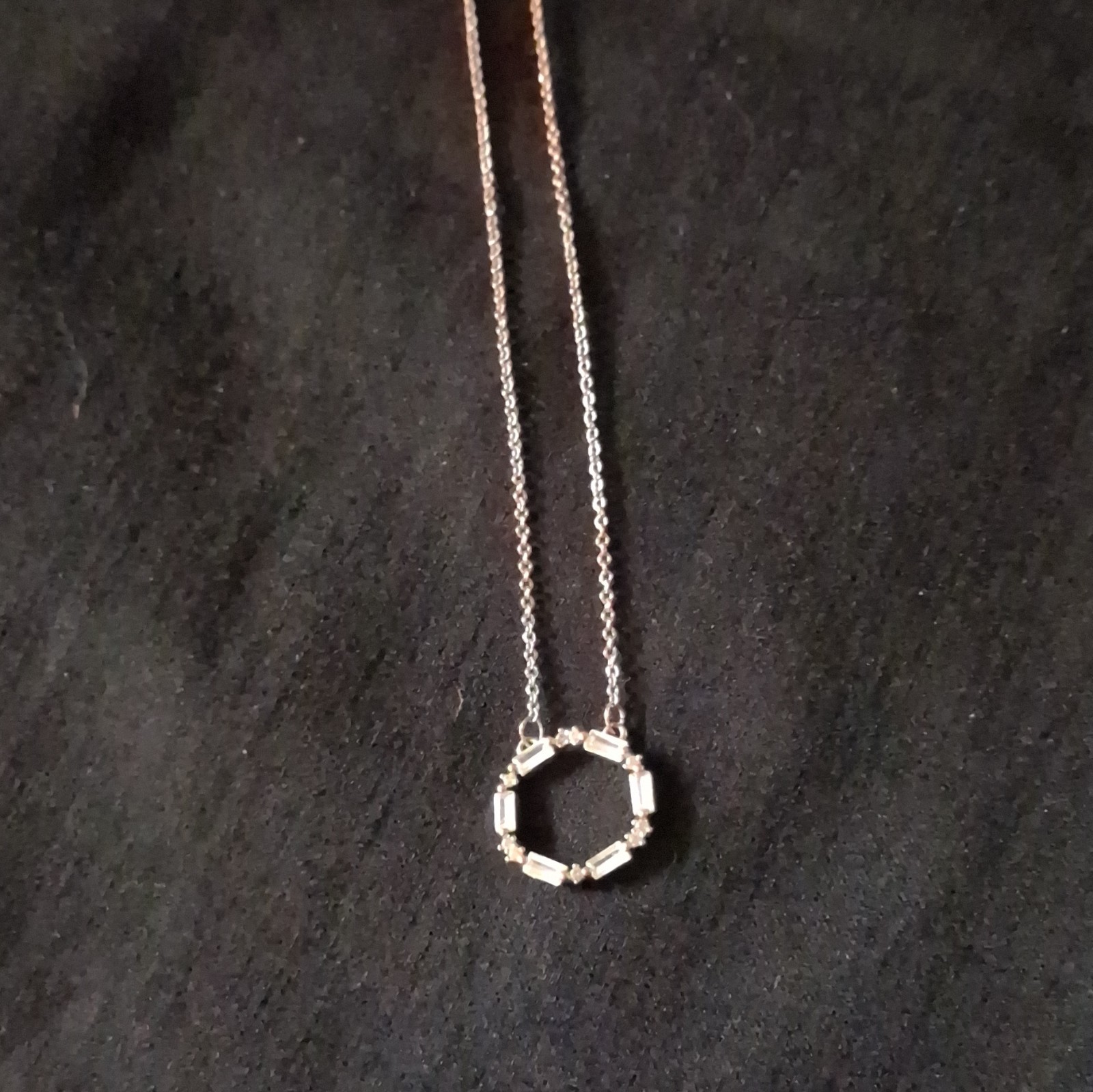 Silver Tone Cable Chain Necklace Round Pendant Baguette-Cut Clear Crystals