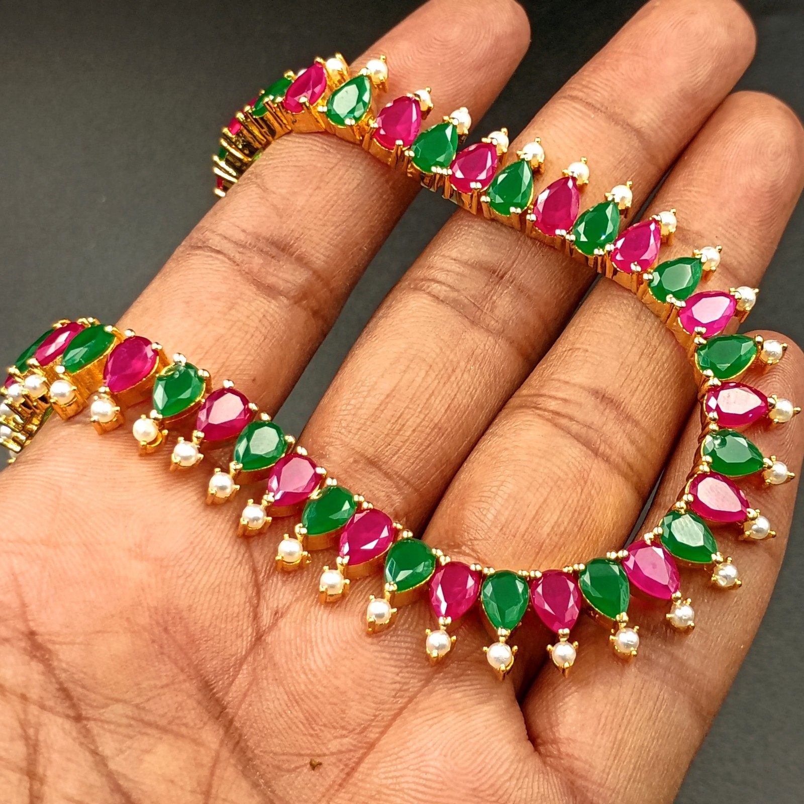 22K Gold Plated Ruby Emerald Pearl Necklace Set Handmade Red Stone Indian Jewelr