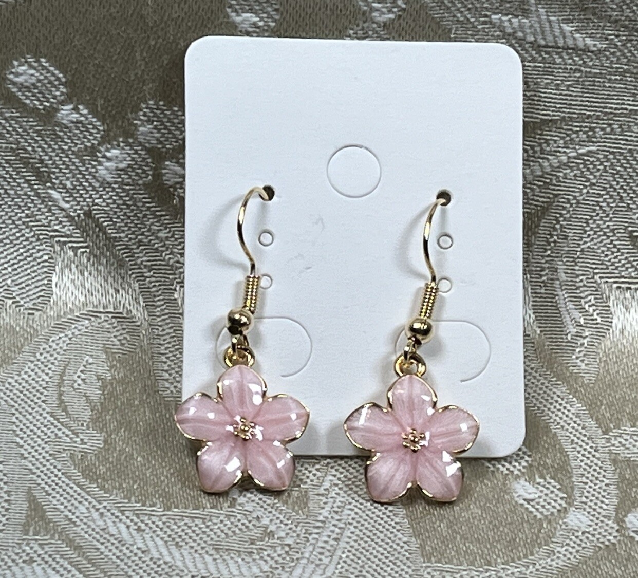 Vintage Pink Sakura Floral Gold Dangle Fashion Bohemian Casual Fun Earrings