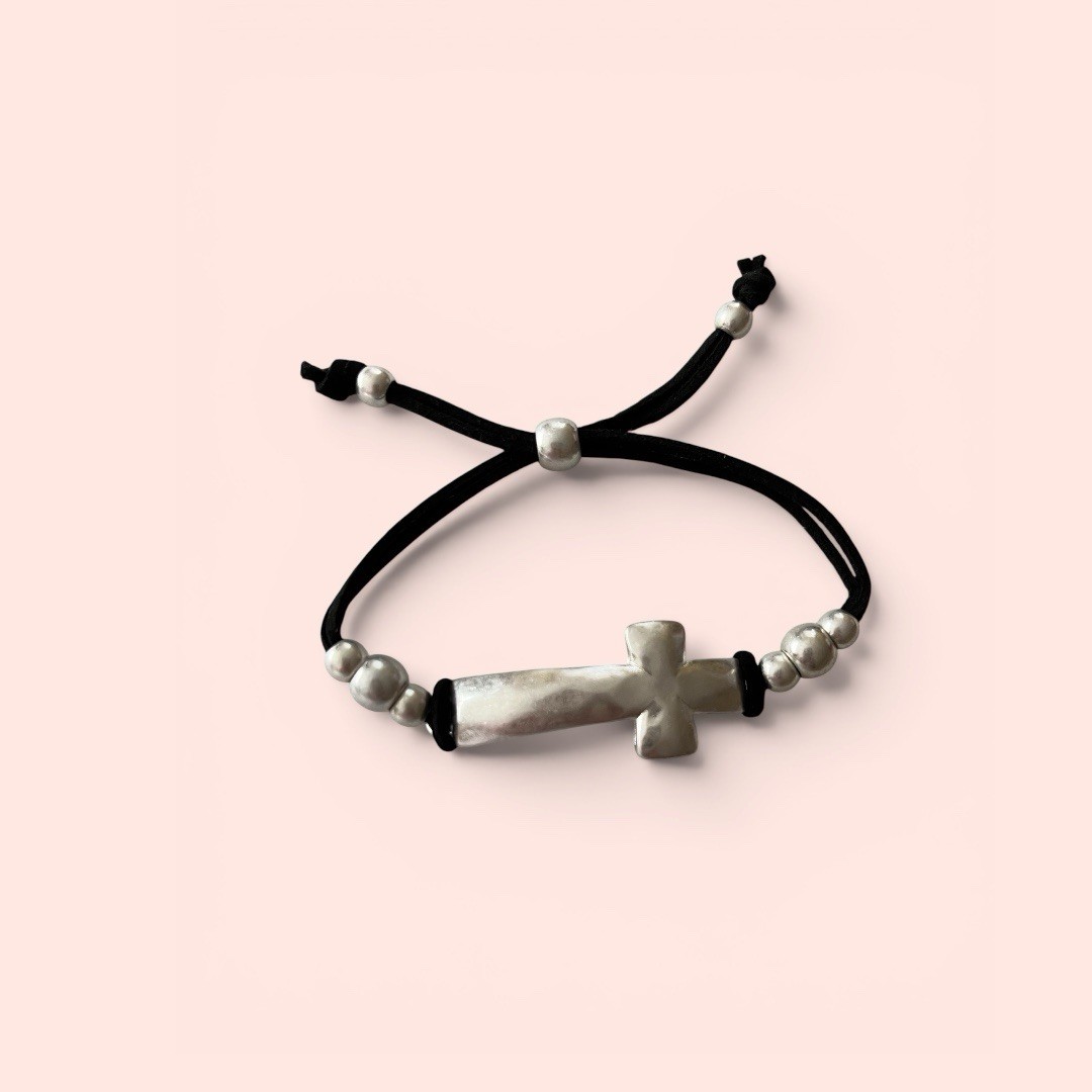 Adjustable BlackCord Beaded Bracelet w/ Cross Charm, Slide