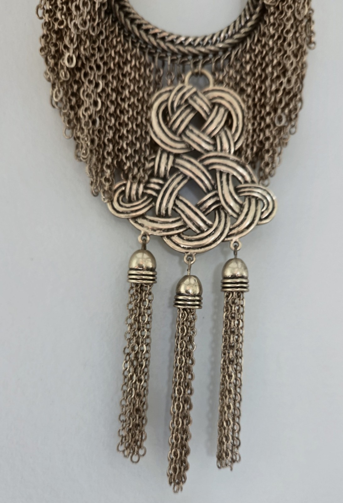 Chico’s Silver Tone Multi-Chain Bib Necklace Knot Tassel Pendant Lobster