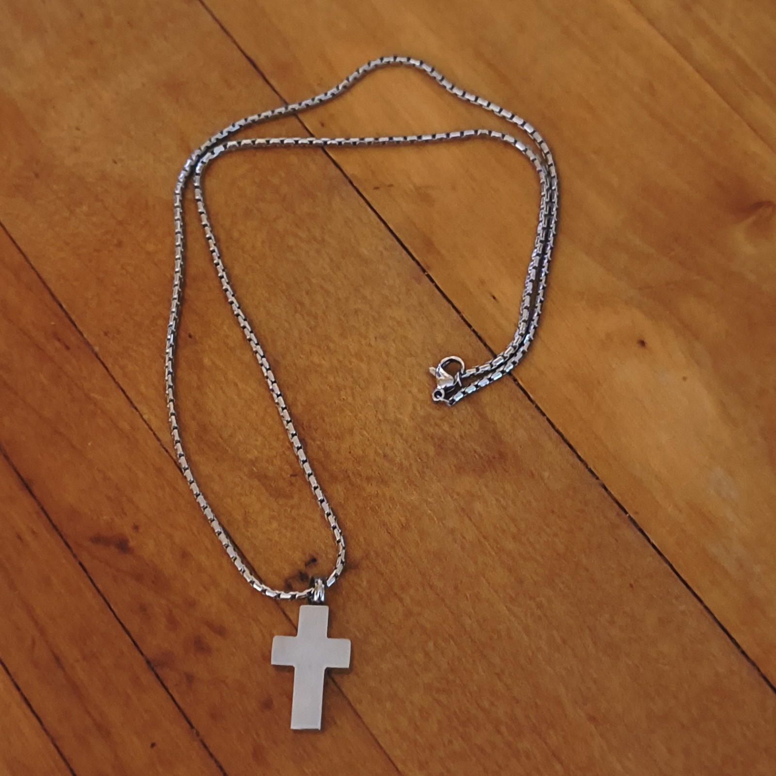 Silver Tone Cross Pendant Necklace Religious Box Chain Lobster Clasp