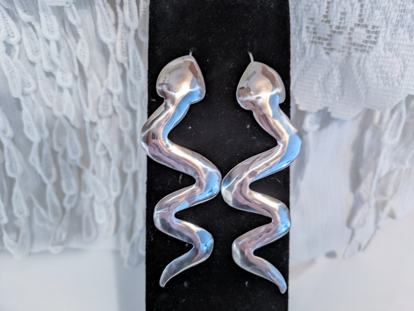 Edgy Crawling Snake Serpent Sterling Silver Long Hook Drop Earrings 3 1/4 Inch