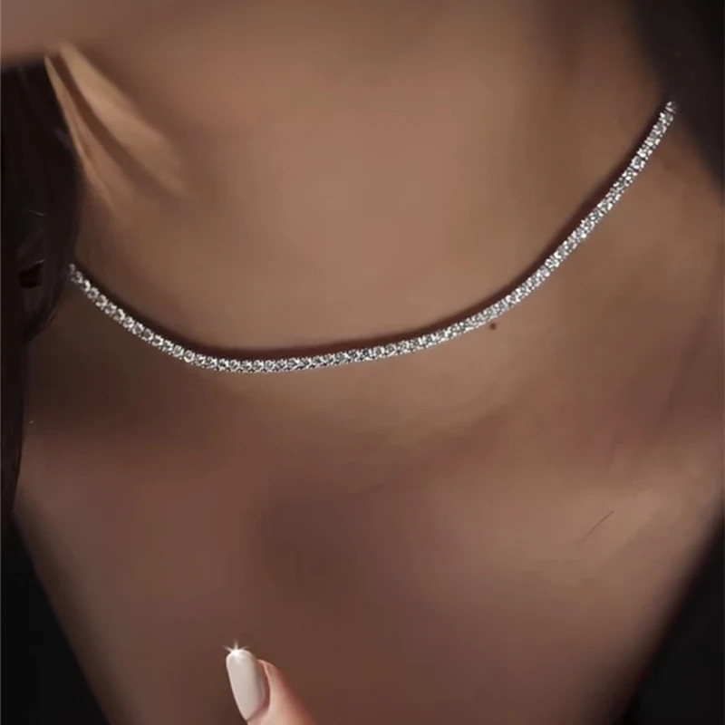 Sterling Silver Choker Necklace 925 Simulated Zirconia Short Chain Women Jewelry