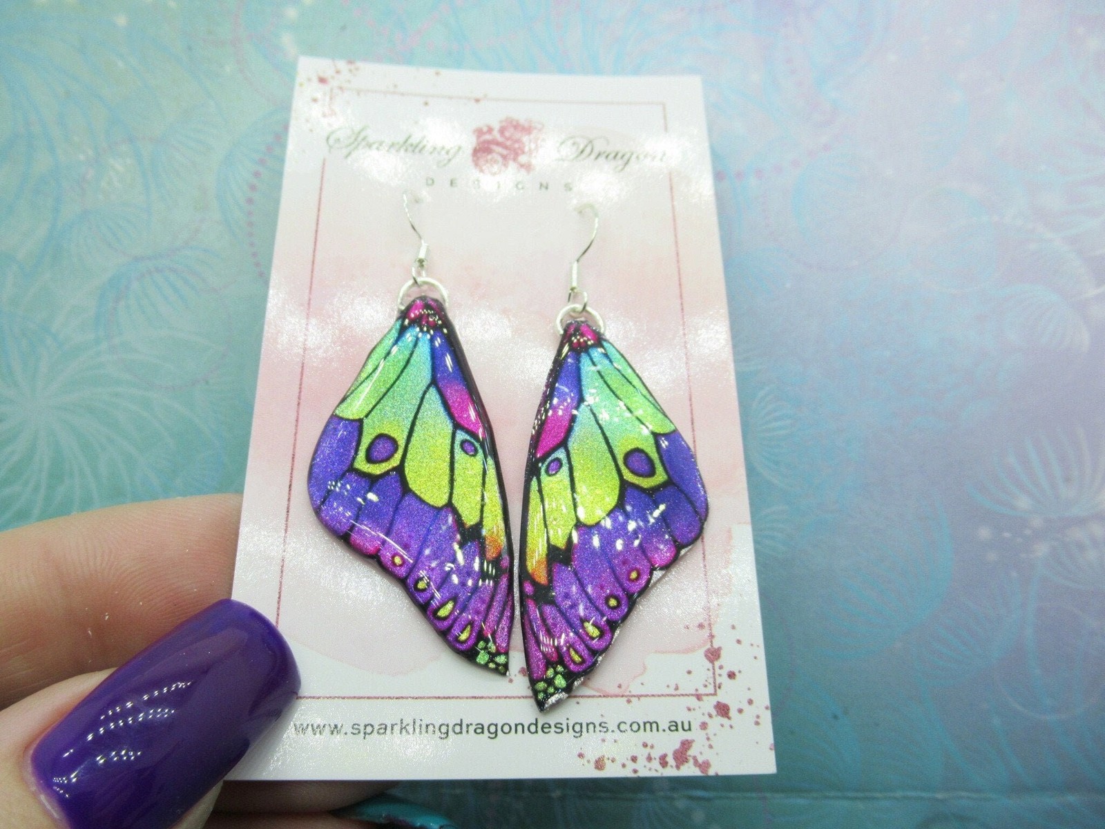 Butterfly Earrings Stained Purple and Lime Green Fairy Jewellery, Gift for her