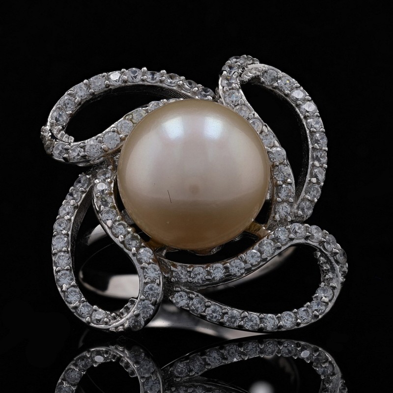 New Cultured Light Pink Pearl CZ Flower Halo Ring – Sterling Silver Size 7