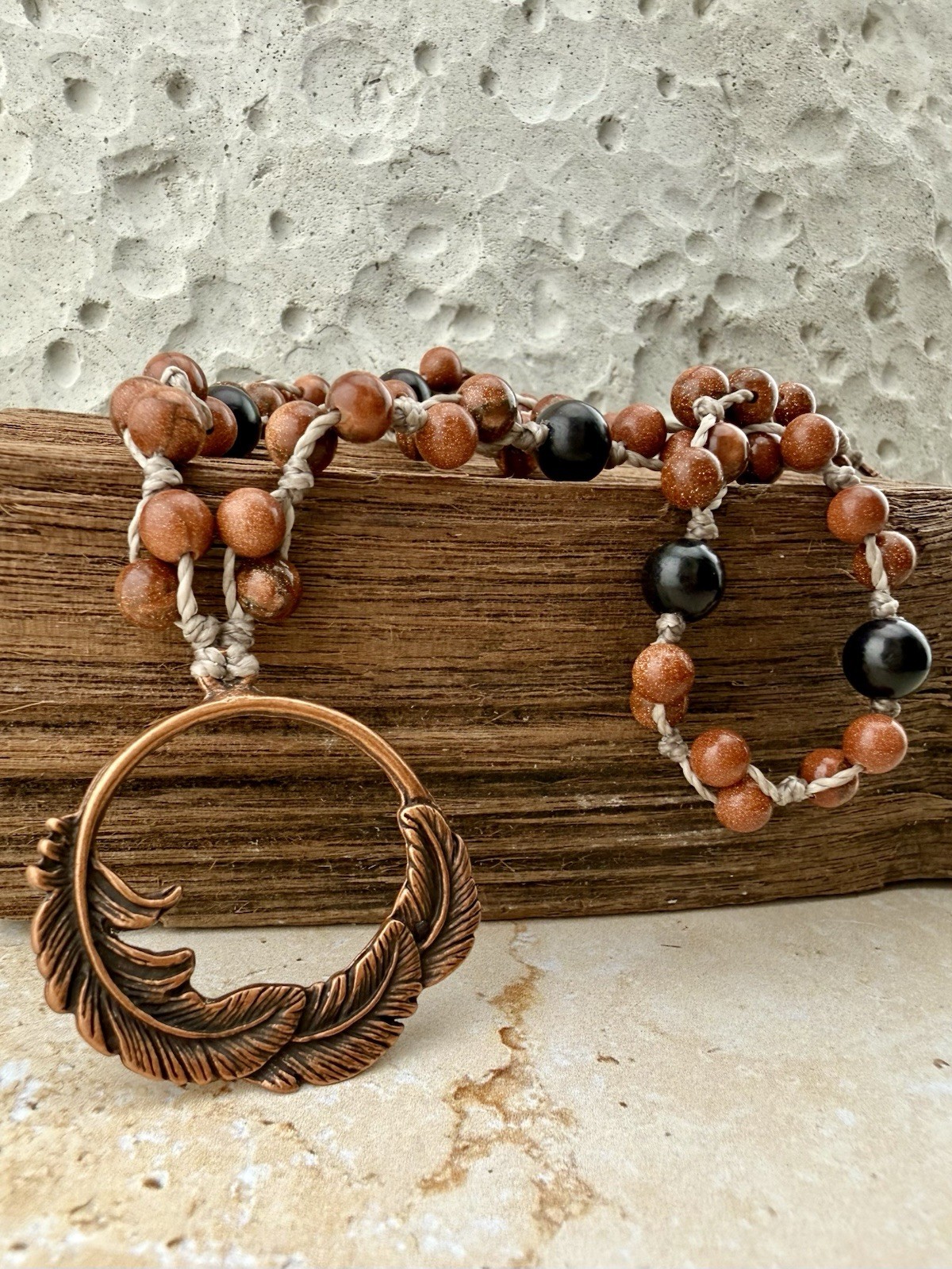 Copper Feather Pendant Necklace, Red Goldstone Crystal Ebony Wood. USA Artisan