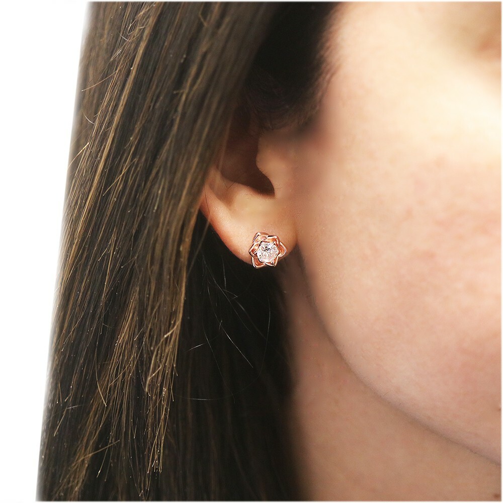 18k Rose Gold Plated CZ Stone Flower Stud Earrings Jewelry Gift For Women