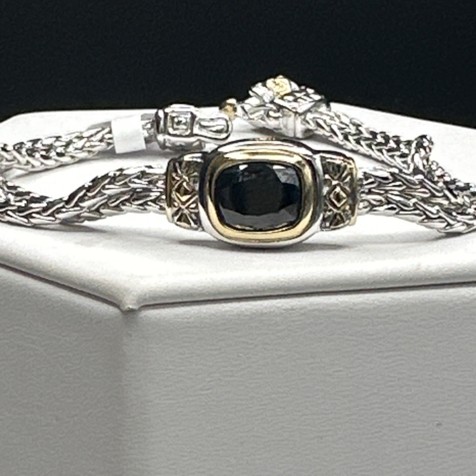 Silver-Gold Tone Chain Charm Bracelet Metal Adjustable with Black Cushion Stone