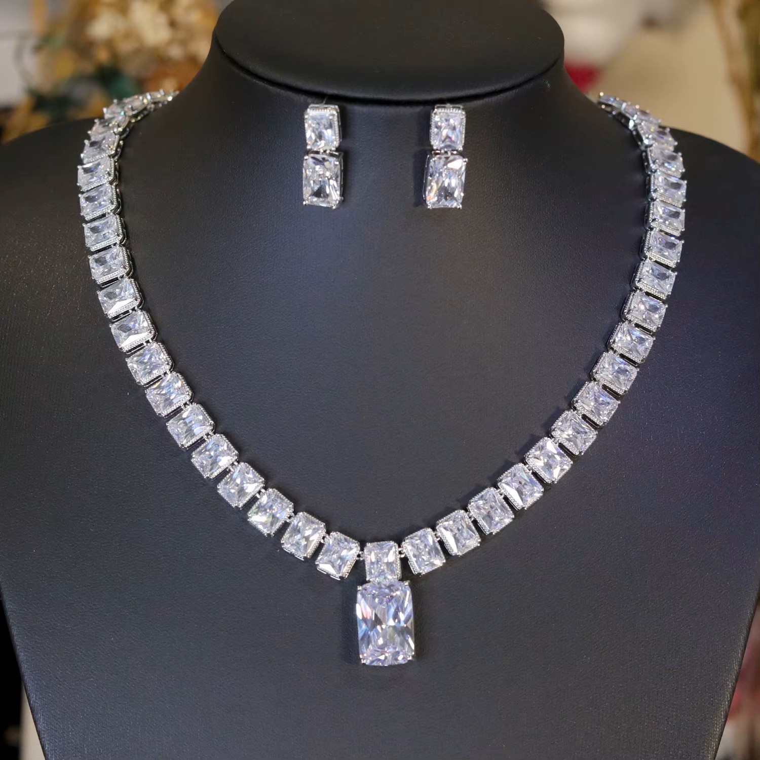 2sets Bridal Jewelry Wedding Party Cubic Zirconia Crystal Necklace Prom Birthday