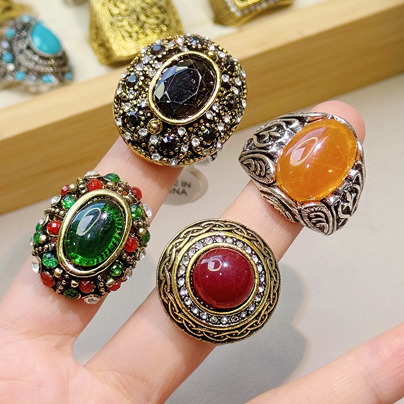 50pcsMixed Vintage Boho Rings Retro Ethnic Statement Colorful Rhinestone Jewelry