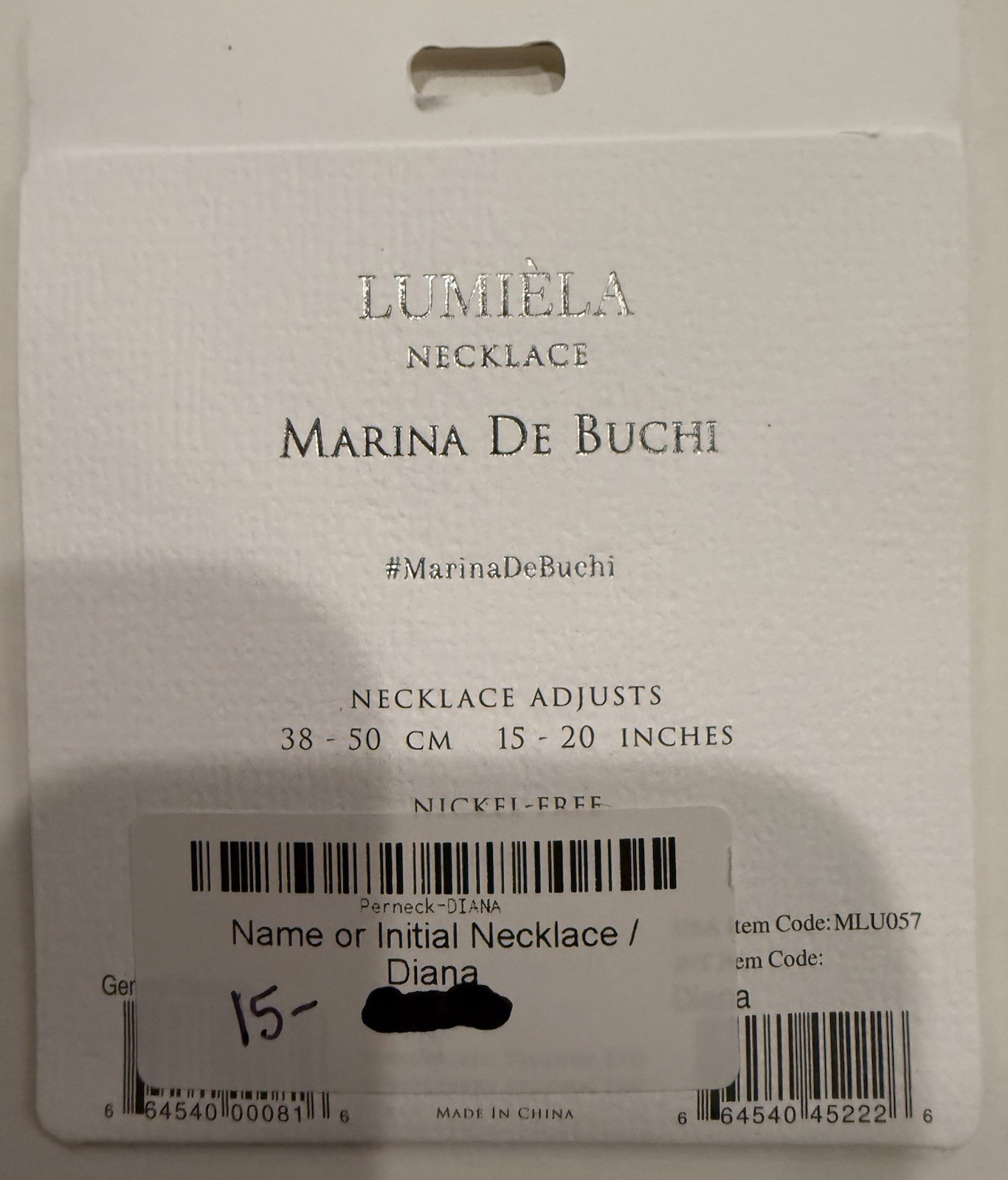 DIANA LUMIELA NAME NECKLACE MARINA DE BUCHI ADJUSTABLE LENGTH NICKEL FREE