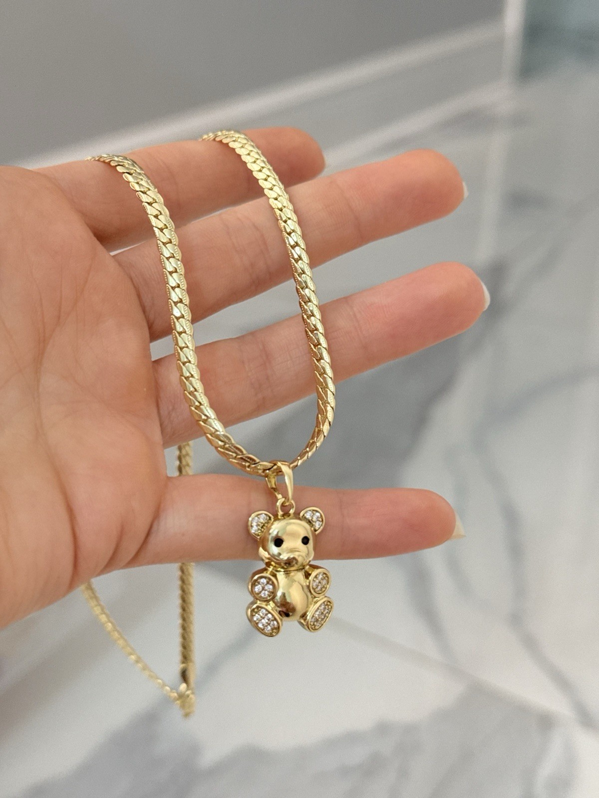 14k Gold Plated Duo Snake Chain with Bear Pendant and Bracelet Set