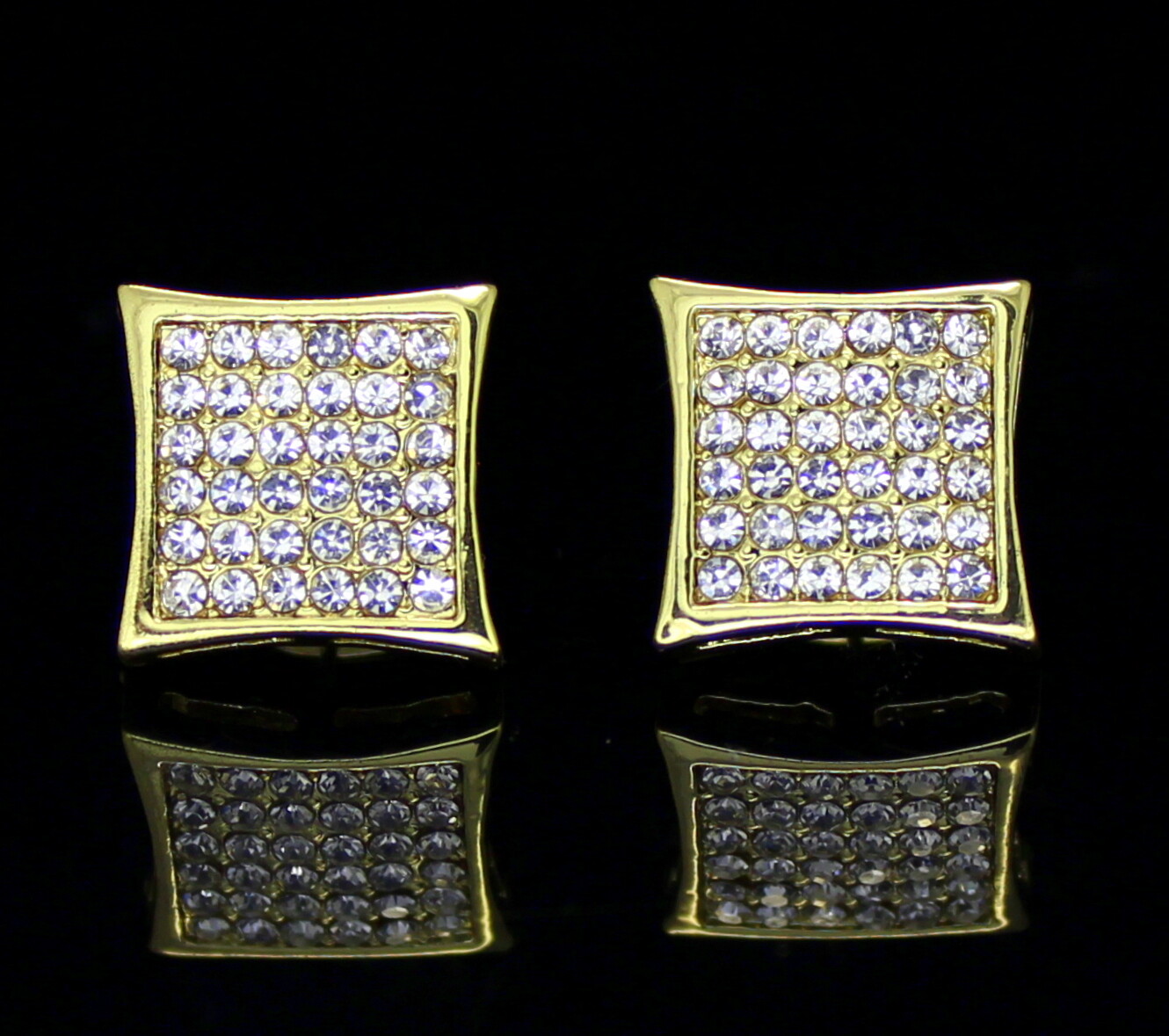 Mens Medium Kite Shape 15mm Earring 14k Gold Plated HipHop Push Back CZ Studs