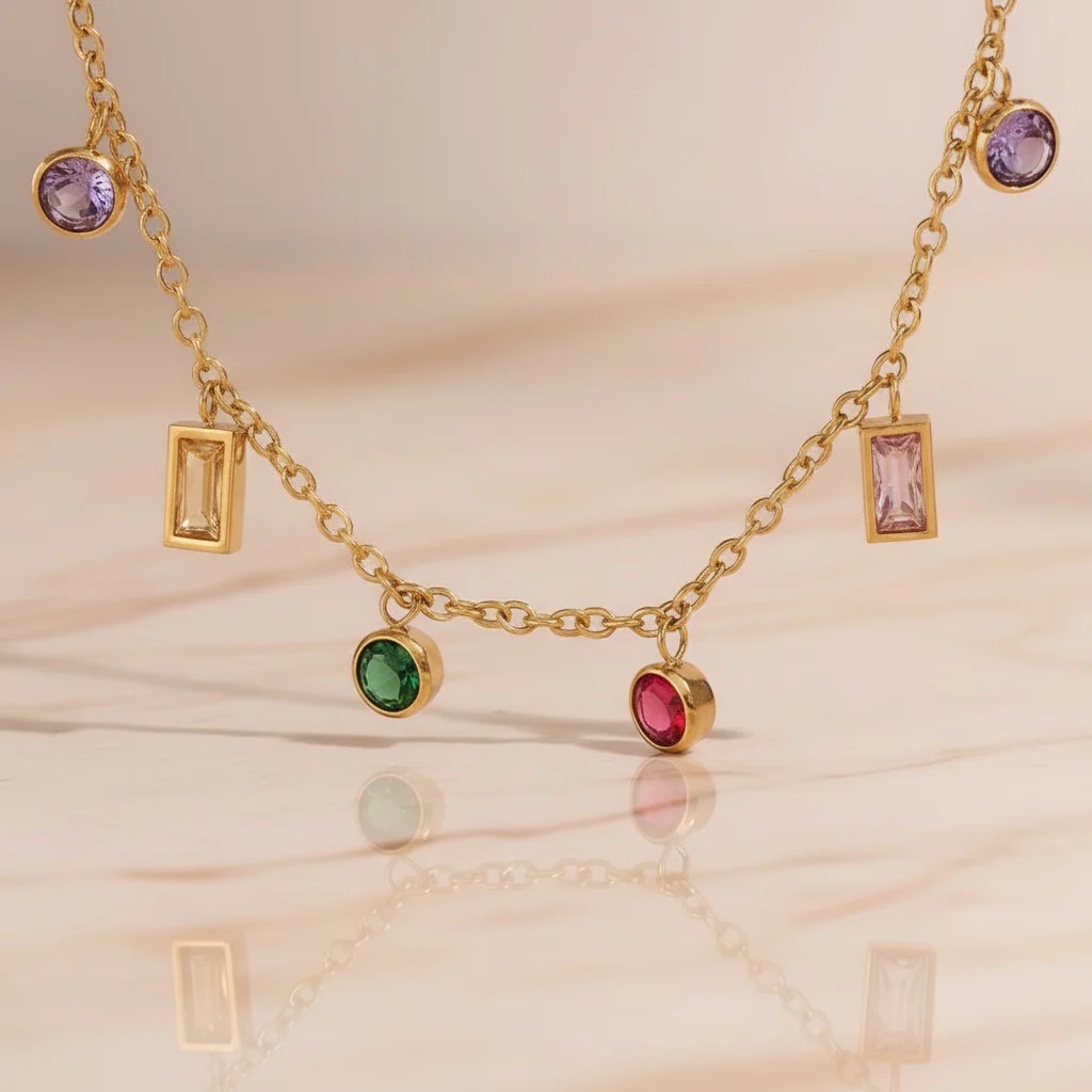 Multicolor Gemstone Necklace Gold Charm Necklace |Stainless Steel Layering Chain