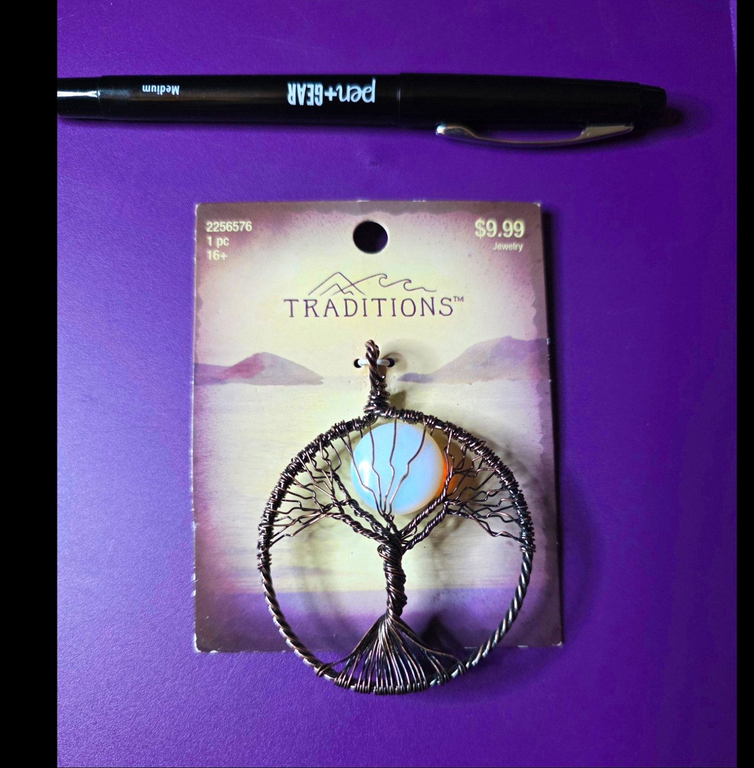Traditions Tree of Life Wire Pendant Round Glass Moon Nature Theme Black