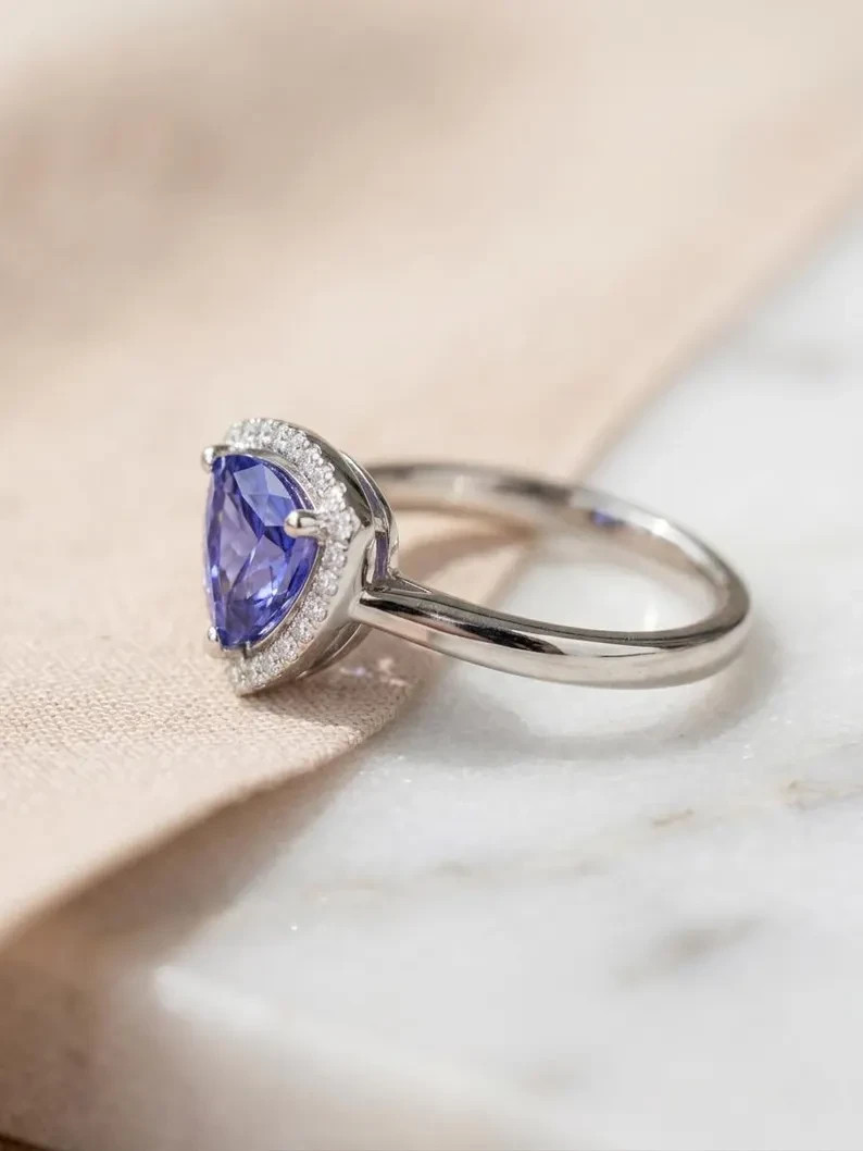 Tanzanite Trillion Cut Lab-Grown Ring 925 Sterling Silver Halo Statement Jewelry