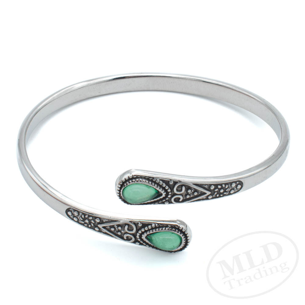 Antique-Style Green Agate Cuff Bracelet – 65mm Adjustable Zinc Alloy Bangle