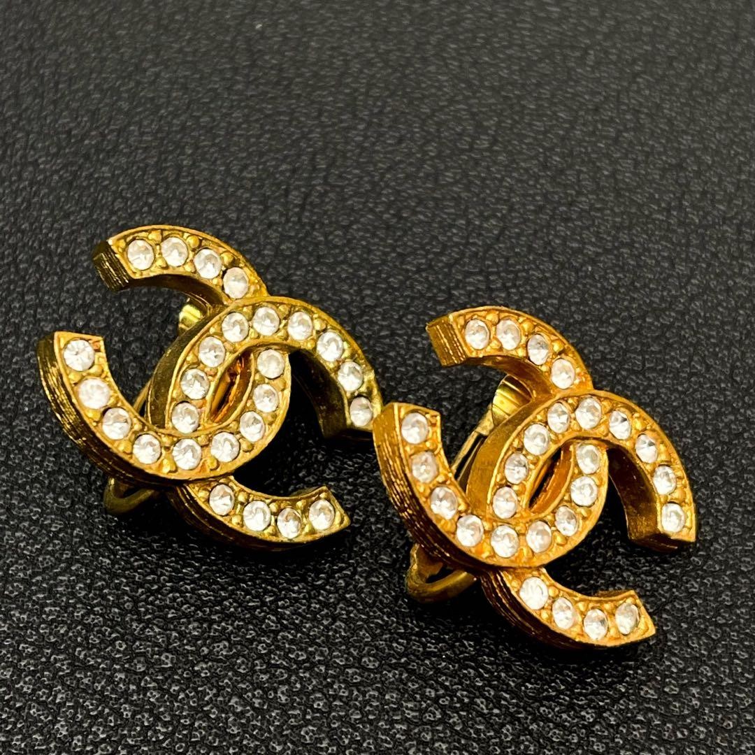 CHANEL CC Logo Coco Mark Earrings Gold Rhinestone Clip On No Box Vintage