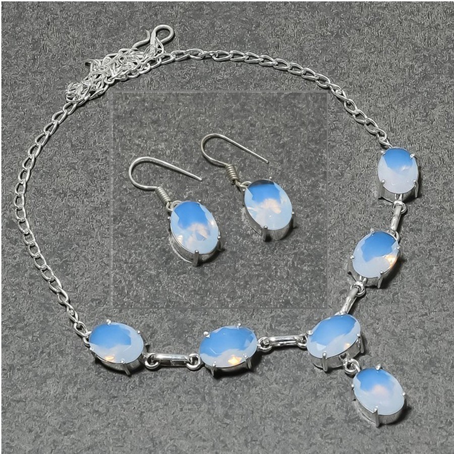 Milky Opal Oval Gemstone 925 Sterling Silver Handmade Jewelry Necklace+Earrings